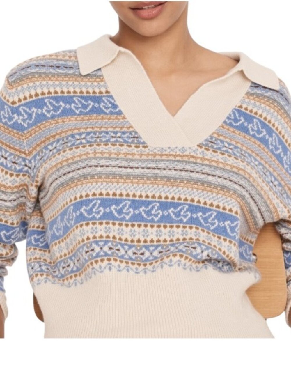 J.Crew Collared Fair Isle Sweater Lamswool-Blend Long Sleeve Cream Blue Medium